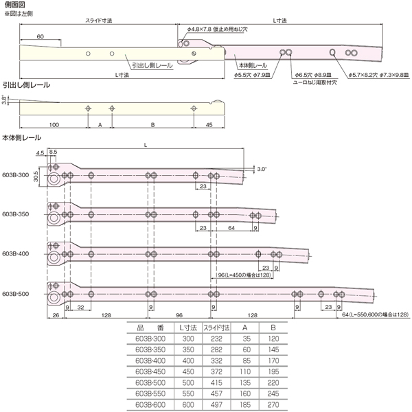 スクリューオンスライドレール 603B (2段引き・横付式)_2