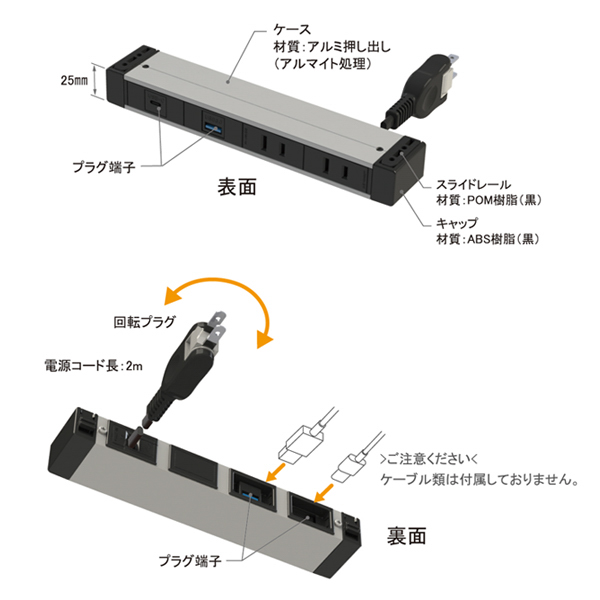 カセット式コンセント 2口タイプ ホワイト(机下固定・延長コード・RoHS2対応品)《メーカー直送・代引不可》_3