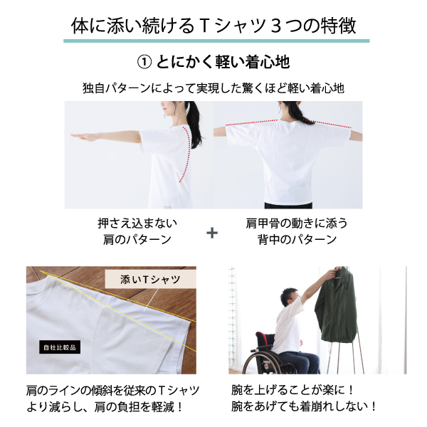 添い続けるTシャツ 2色(ホワイト・ブラック) 3サイズ(S・M・L) 作業療法士が作った体に添い続ける服 第3弾《メーカー直送・代引不可》_2